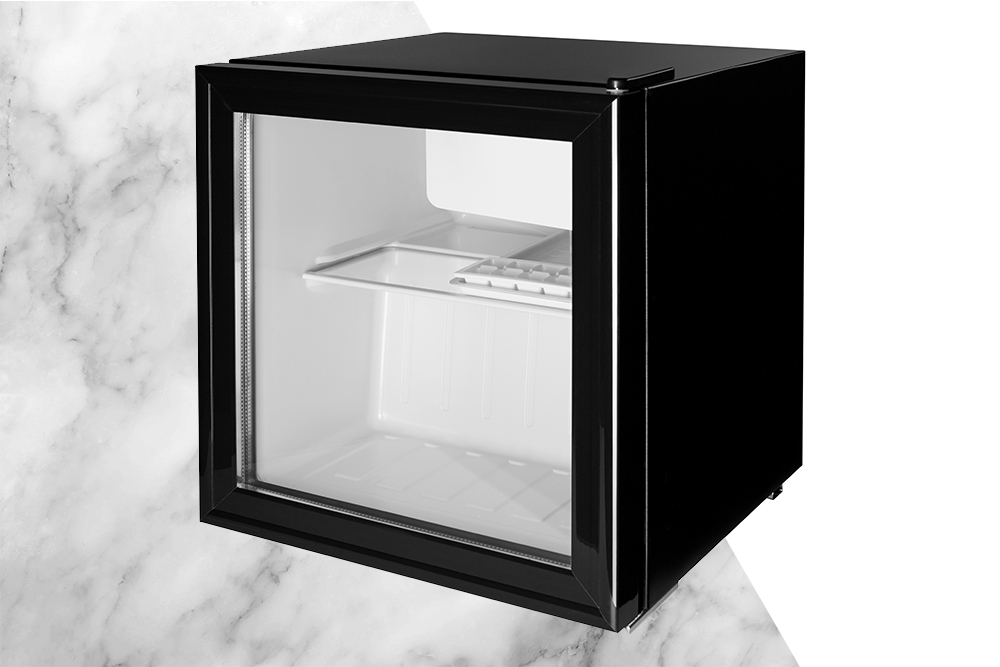 New black refrigerator, mini bvr with closed glass door, for hotel, side view, refrigerator empty, isolate on a white background